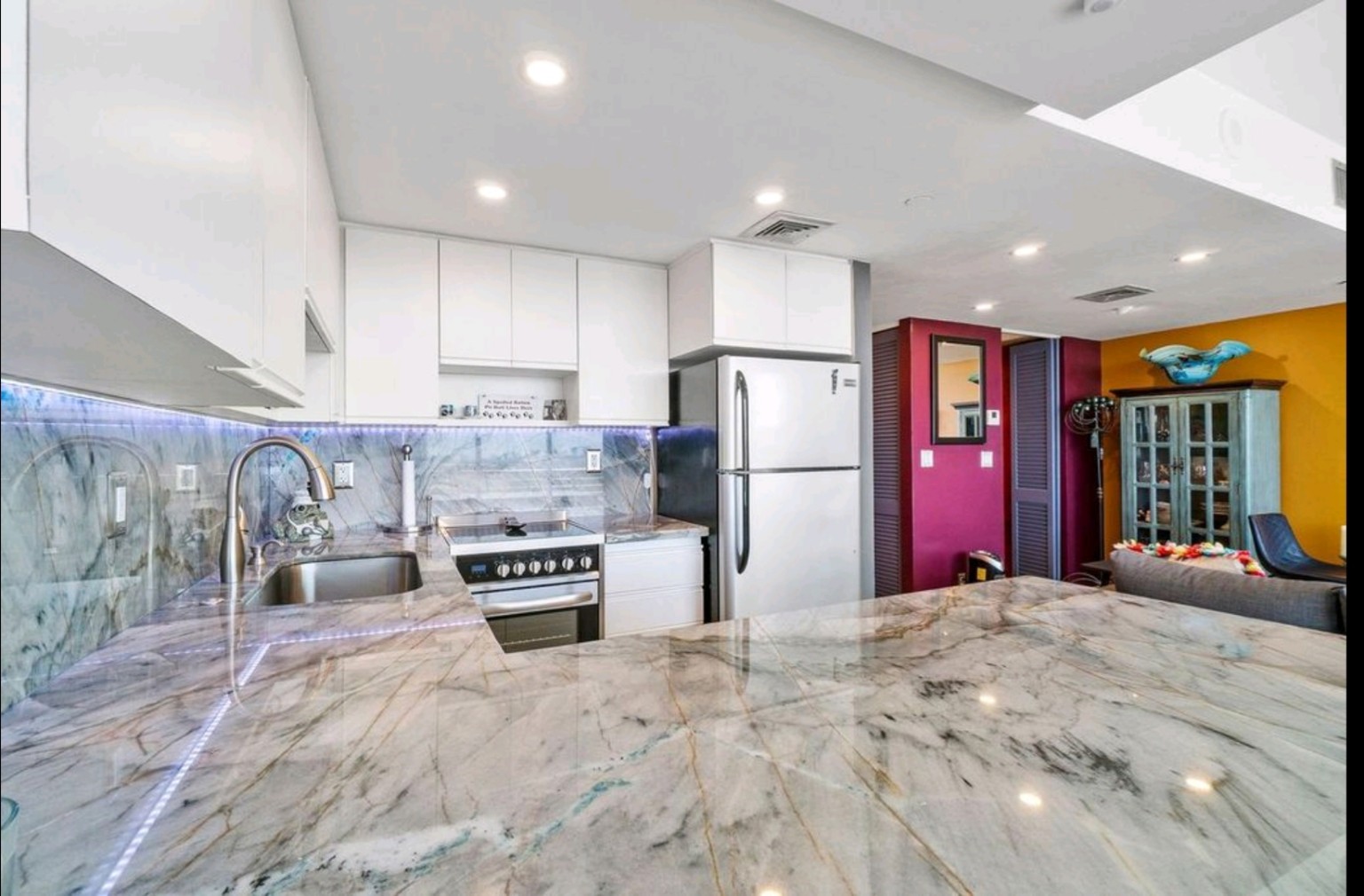 Wide view of the fully equipped kitchen with quartzite counters and stainless-steel appliances